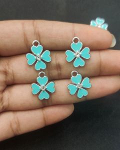Metal Enamel Charms,Flower,Sky Blue,Silver Finishing, Pack Of 4 Pieces