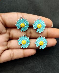 Metal Enamel Charms,Flower,Sky Blue,Silver Finishing, Pack Of 4 Pieces