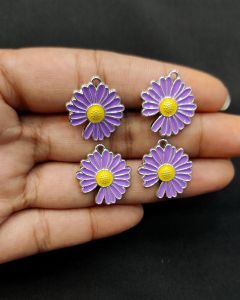 Metal Enamel Charms,Flower,Purple,Silver Finishing, Pack Of 4 Pieces