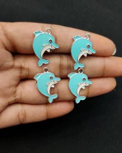 Metal Enamel Charms,Dolphin,Sky Blue,Silver Finishing, Pack Of 4 Pieces