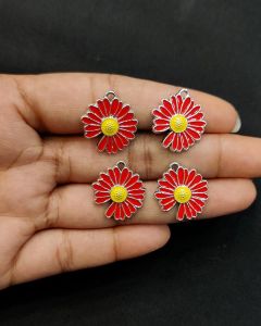 Metal Enamel Charms,Flower,Red,Silver Finishing, Pack Of 4 Pieces