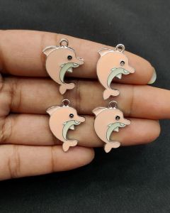 Metal Enamel Charms,Dolphin,Pink,Silver Finishing, Pack Of 4 Pieces