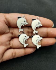 Metal Enamel Charms,Dolphin,White,Silver Finishing, Pack Of 4 Pieces