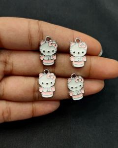Metal Enamel Charms,Kitty,Pink,Silver Finishing, Pack Of 4 Pieces