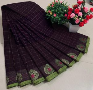 Chettinad Cotton Sarees, Dark Maroon with Green Zari Border