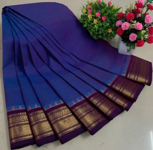 Chettinad Cotton Sarees, Dark Blue with Gold Zari Border