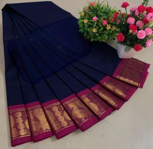 Chettinad Cotton Sarees, Navy Blue with Gold Zari Border