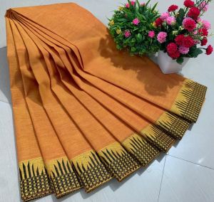 Chettinad Cotton Sarees, Orange with Yellow And Black Border