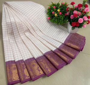 Chettinad Cotton Sarees, White with Purple Border