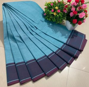 Chettinad Cotton Sarees, Patches Blue with Dark Blue Border