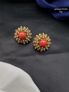 Cz Stone Flower Earring , Coral Red