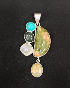 Mix Gemstone Pendants ,5 Stones, Silver Finish