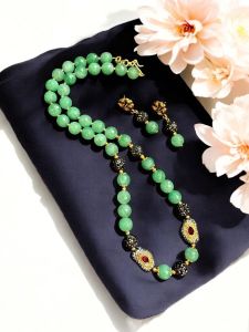 Agate necklace with double tone Victorian CZ stone beads necklace, Sea Green