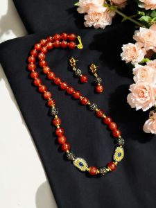 Agate necklace with double tone Victorian CZ stone beads necklace, Brick Red