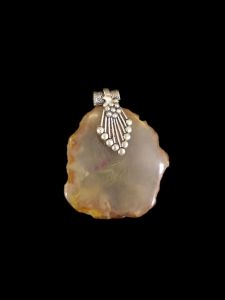 Natural Agate Slice Pendant, silver Finish ,Mustard Yellow
