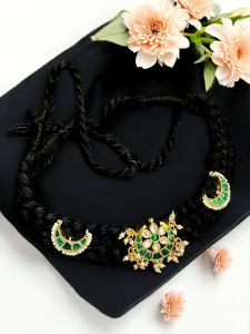 Jadau choker with cotton rope ,Green With White
