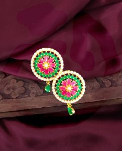 CZ pendants With Earrings, Round Shape, Pink With Green
