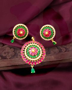CZ pendants With Earrings, Round Shape, Pink With Green