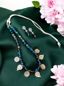 Onyx Necklace with Oxidised Silver Leaf Charms 