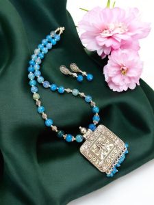 Onyx Necklace with Oxidised Silver Pendant, Blue