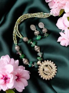 Durga ma Oxidised Silver Pendant With Onyx and Agate Beads with German Silver Spacers 