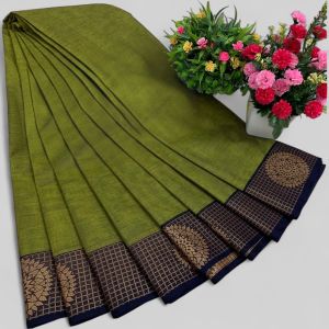 Chettinad Cotton Sarees, Olive Green with Dark Blue Border