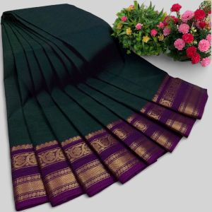 Chettinad Cotton Sarees, Dark Green with Purple Gold Border