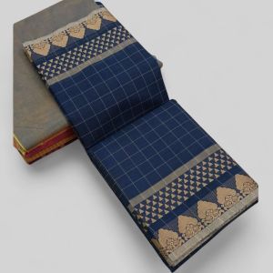 Chettinad Cotton Sarees, Navy Blue with Gold Border
