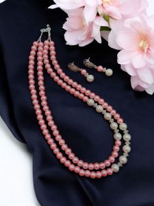 Glass Beads With Cream Pearls Necklace, Light Green