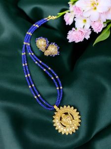 Durga ma pendant Crystal necklaces with jhumkas ,Blue
