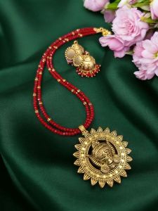 Durga ma pendant Crystal necklaces with jhumkas , Maroon