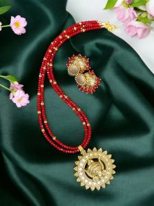 Durga ma pendant Crystal necklaces with jhumkas ,Red