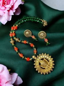 Durga ma pendant Crystal necklaces with jhumkas ,Red and Green