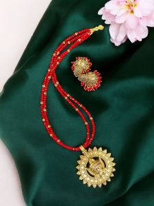 Durga ma pendant Crystal necklaces with jhumkas ,Red
