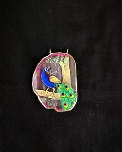 Onyx Pendant features a Peacock painting on Onyx Stones detailed with Gold foil borders