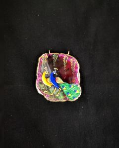 Onyx Pendant features a Peacock painting on Onyx Stones detailed with Gold foil borders
