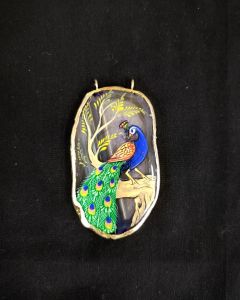 Onyx Pendant features a Peacock painting on Onyx Stones detailed with Gold foil borders