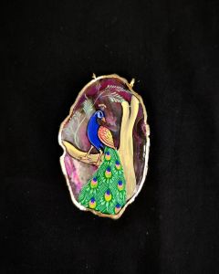 Onyx Pendant features a Peacock painting on Onyx Stones detailed with Gold foil borders