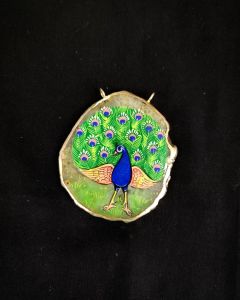 Onyx Pendant features a Peacock painting on Onyx Stones detailed with Gold foil borders