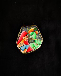 Onyx Pendant features a RadhaKrishna painting on Onyx Stones detailed with Gold foil borders