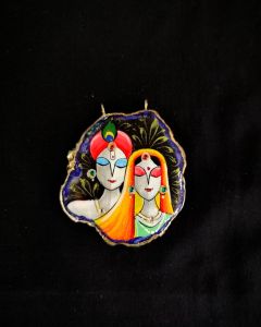 Onyx Pendant features a RadhaKrishna painting on Onyx Stones detailed with Gold foil borders
