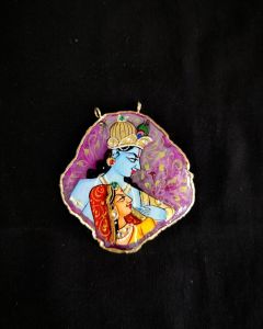 Onyx Pendant features a RadhaKrishna painting on Onyx Stones detailed with Gold foil borders