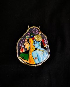 Onyx Pendant features a RadhaKrishna painting on Onyx Stones detailed with Gold foil borders