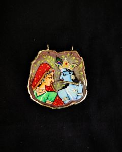 Onyx Pendant features a RadhaKrishna painting on Onyx Stones detailed with Gold foil borders