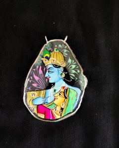Radha Krishnan Pendant Grey Hand Painted On Onyx Stone