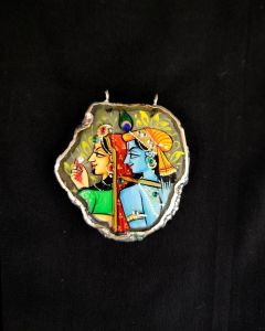 Radha Krishnan Pendant Multi Colour Hand Painted On Onyx Stone