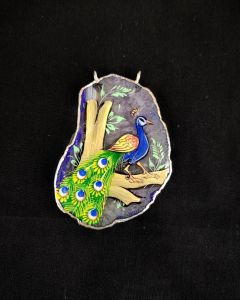 Peacock Pendant, Multicolour, Hand Painted On Onyx Stone