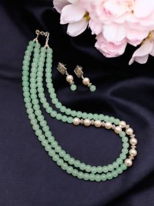 Glass Beads With Cream Pearls Necklace, Light Green