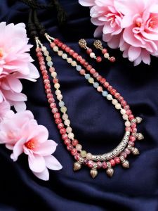 2 layer and Agate and Printed Beads Necklace with Kohlapuri Charms