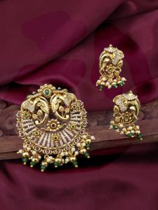 Premium Quality Small Antique Gold Lakshmi Pendant With Earrings